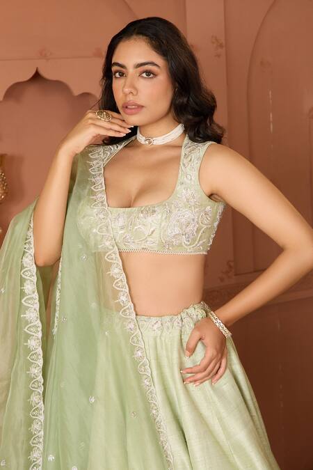 House Of Karmah_Green Silk, Organza Pearls, Embroidery Mandarin Floral And Peacock Lehenga Set _Online_at_Aza_Fashions