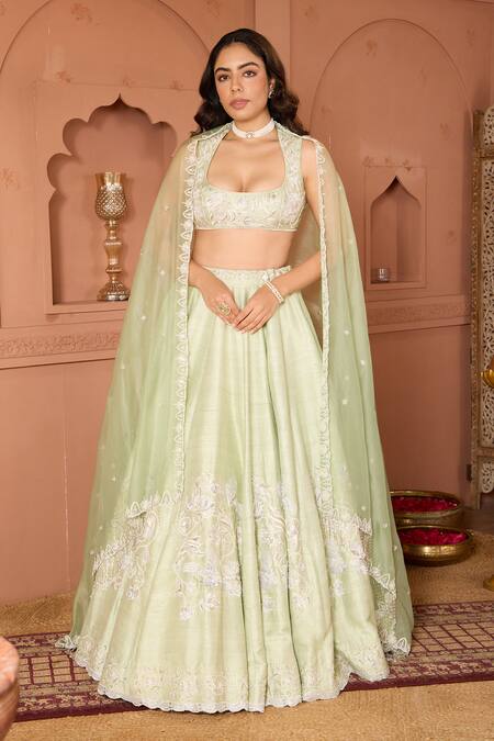Buy_House Of Karmah_Green Silk, Organza Pearls, Embroidery Mandarin Floral And Peacock Lehenga Set _Online_at_Aza_Fashions
