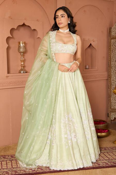 House Of Karmah_Green Silk, Organza Pearls, Embroidery Mandarin Floral And Peacock Lehenga Set _at_Aza_Fashions