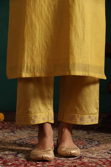 Shop_Beige_Yellow Chanderi, Cotton Satin Zari, Sequins V-neck Embroidered Kurta Pant Set_Online_at_Aza_Fashions
