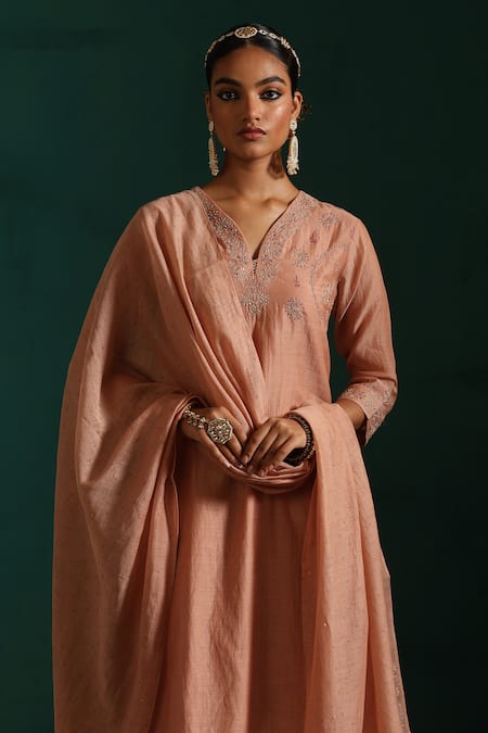 Beige_Pink Chanderi, Cotton Satin Sequins, Embroidery V-neck Kurta Pant Set_Online_at_Aza_Fashions