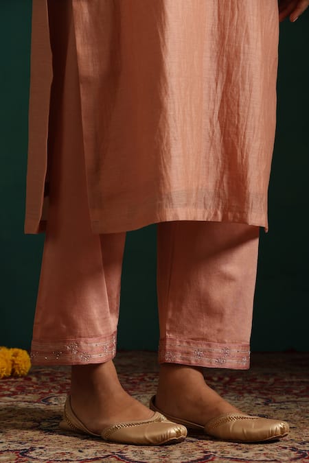 Buy_Beige_Pink Chanderi, Cotton Satin Sequins, Embroidery V-neck Kurta Pant Set_Online_at_Aza_Fashions