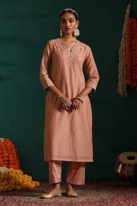Beige_Pink Chanderi, Cotton Satin Sequins, Embroidery V-neck Kurta Pant Set_at_Aza_Fashions