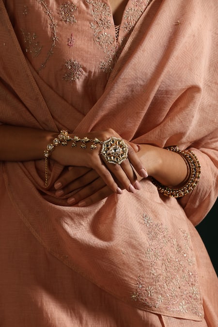 Buy_Beige_Pink Chanderi, Cotton Satin Sequins, Embroidery V-neck Kurta Pant Set
