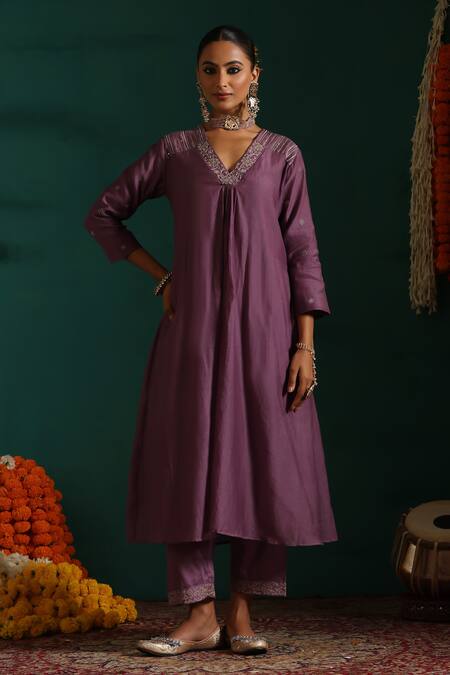 Beige_Purple Chanderi, Cotton Satin Sequins, Embroidery V-neck Kurta Pant Set_Online_at_Aza_Fashions