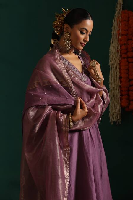 Buy_Beige_Purple Chanderi, Cotton Satin Sequins, Embroidery V-neck Kurta Pant Set_Online_at_Aza_Fashions