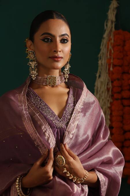 Shop_Beige_Purple Chanderi, Cotton Satin Sequins, Embroidery V-neck Kurta Pant Set_Online_at_Aza_Fashions