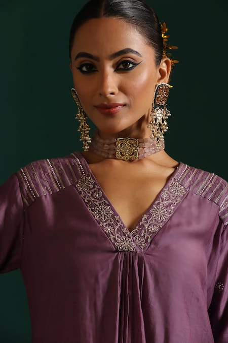 Beige_Purple Chanderi, Cotton Satin Sequins, Embroidery V-neck Kurta Pant Set_at_Aza_Fashions