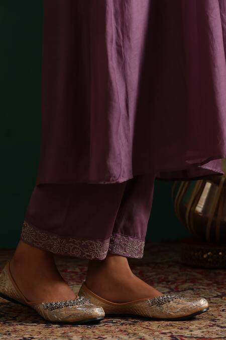 Buy_Beige_Purple Chanderi, Cotton Satin Sequins, Embroidery V-neck Kurta Pant Set