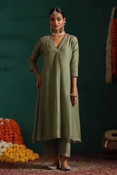 Beige_Green Chanderi, Cotton Satin Sequins, Embroidery V-neck Floral Kurta Pant Set_Online_at_Aza_Fashions