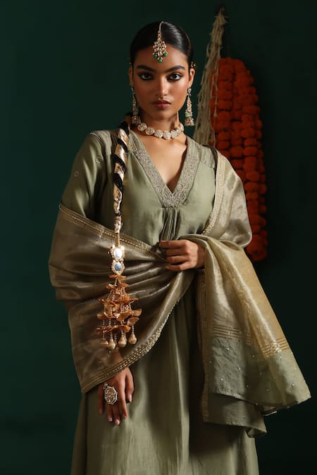 Shop_Beige_Green Chanderi, Cotton Satin Sequins, Embroidery V-neck Floral Kurta Pant Set_Online_at_Aza_Fashions