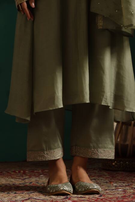 Beige_Green Chanderi, Cotton Satin Sequins, Embroidery V-neck Floral Kurta Pant Set_at_Aza_Fashions