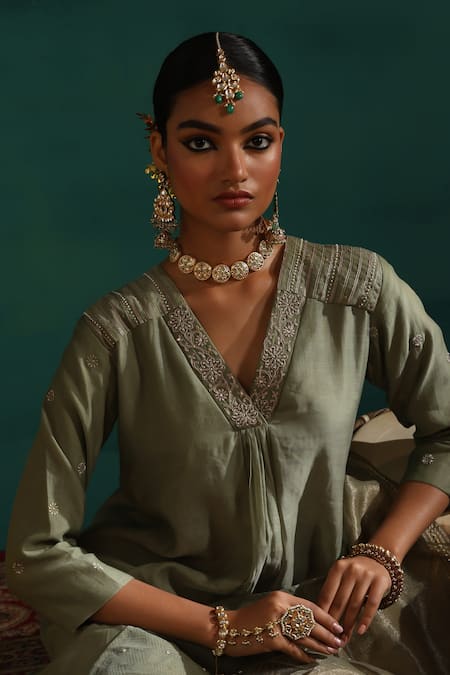 Buy_Beige_Green Chanderi, Cotton Satin Sequins, Embroidery V-neck Floral Kurta Pant Set