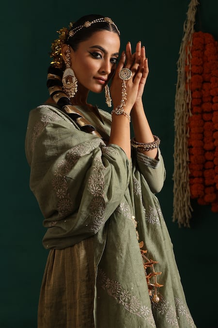 Beige_Green Chanderi, Cotton Satin Sequins, Zari, Embroidery Floral Kurta Pant Set_Online_at_Aza_Fashions