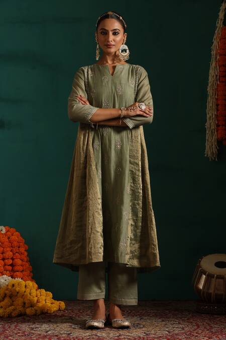 Buy_Beige_Green Chanderi, Cotton Satin Sequins, Zari, Embroidery Floral Kurta Pant Set_Online_at_Aza_Fashions