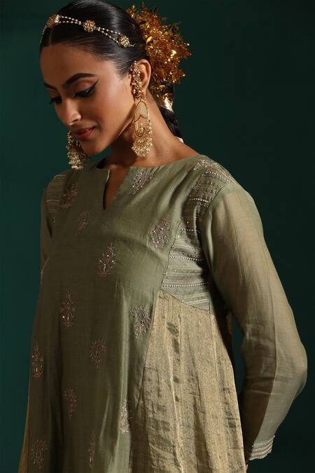 Shop_Beige_Green Chanderi, Cotton Satin Sequins, Zari, Embroidery Floral Kurta Pant Set_Online_at_Aza_Fashions