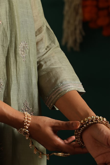 Beige_Green Chanderi, Cotton Satin Sequins, Zari, Embroidery Floral Kurta Pant Set_at_Aza_Fashions