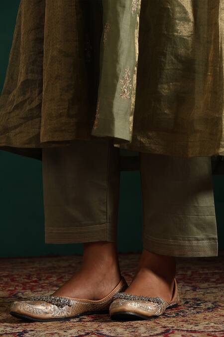 Buy_Beige_Green Chanderi, Cotton Satin Sequins, Zari, Embroidery Floral Kurta Pant Set
