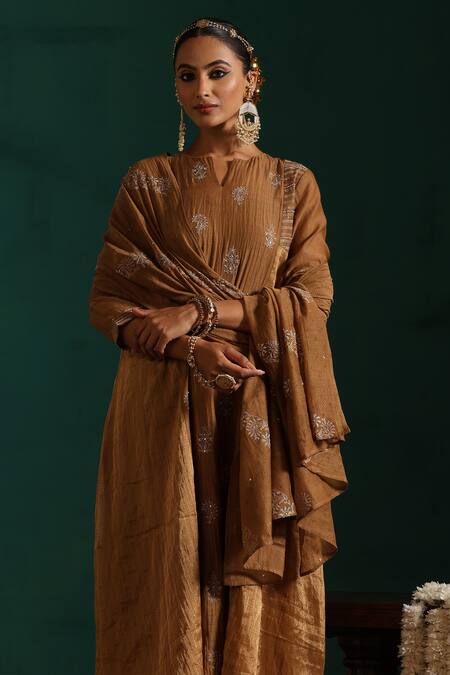 Beige_Brown Chanderi, Cotton Satin Sequins, Zari, Embroidery Split Kurta Pant Set_Online_at_Aza_Fashions