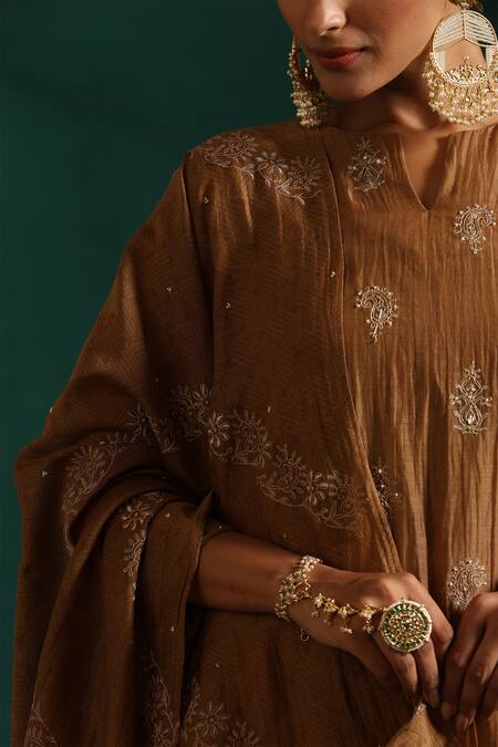 Buy_Beige_Brown Chanderi, Cotton Satin Sequins, Zari, Embroidery Split Kurta Pant Set_Online_at_Aza_Fashions