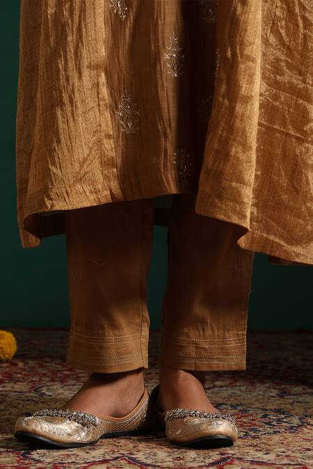 Shop_Beige_Brown Chanderi, Cotton Satin Sequins, Zari, Embroidery Split Kurta Pant Set_Online_at_Aza_Fashions
