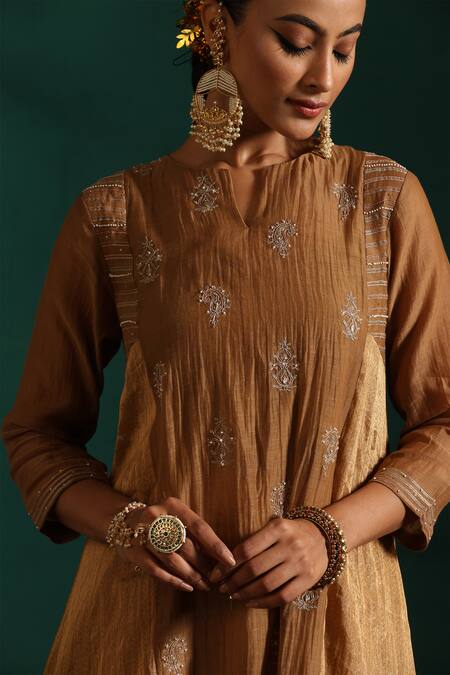 Beige_Brown Chanderi, Cotton Satin Sequins, Zari, Embroidery Split Kurta Pant Set_at_Aza_Fashions
