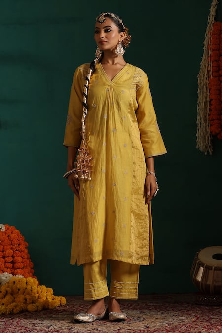 Beige_Yellow Chanderi, Cotton Satin Sequins, Embroidery V-neck Kurta Pant Set_Online_at_Aza_Fashions