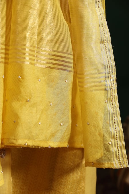 Buy_Beige_Yellow Chanderi, Cotton Satin Sequins, Embroidery V-neck Kurta Pant Set_Online_at_Aza_Fashions
