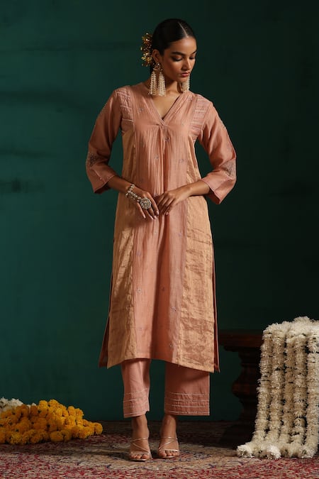 Beige_Pink Chanderi, Cotton Satin Sequins, Beads, Embroidery Floral Kurta Pant Set_Online_at_Aza_Fashions