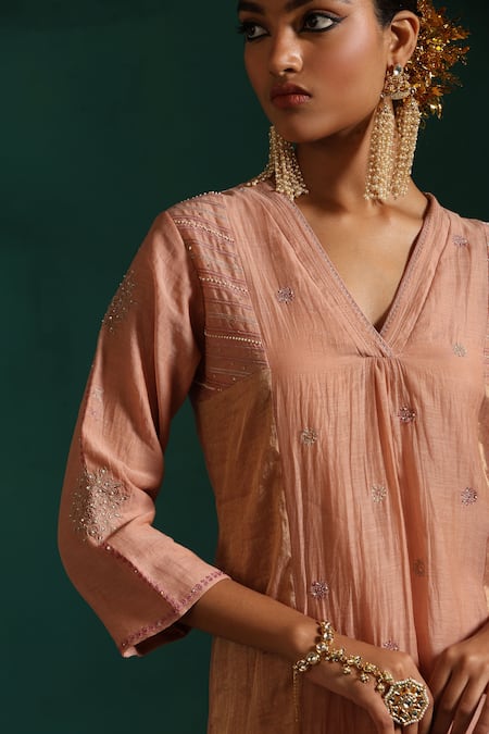 Buy_Beige_Pink Chanderi, Cotton Satin Sequins, Beads, Embroidery Floral Kurta Pant Set_Online_at_Aza_Fashions