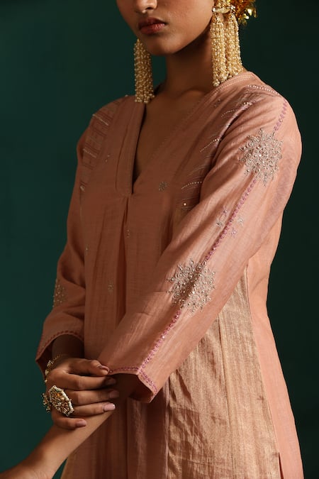 Beige_Pink Chanderi, Cotton Satin Sequins, Beads, Embroidery Floral Kurta Pant Set_at_Aza_Fashions