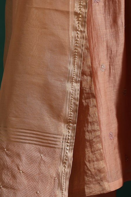 Buy_Beige_Pink Chanderi, Cotton Satin Sequins, Beads, Embroidery Floral Kurta Pant Set