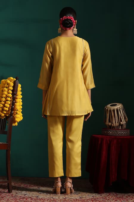 Beige Yellow Embroidered Tunic & Pant Set 