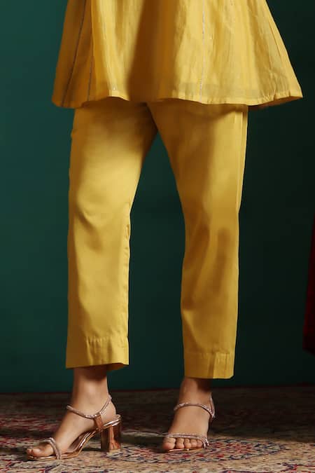 Beige Yellow Chanderi, Cotton Satin Sequins, Zari Split Embroidered Tunic And Pant Set Online at Aza Fashions Beige_Yellow Chanderi, Cotton Satin Sequins, Zari Split Embroidered Tunic And Pant Set _Online_at_Aza_Fashions