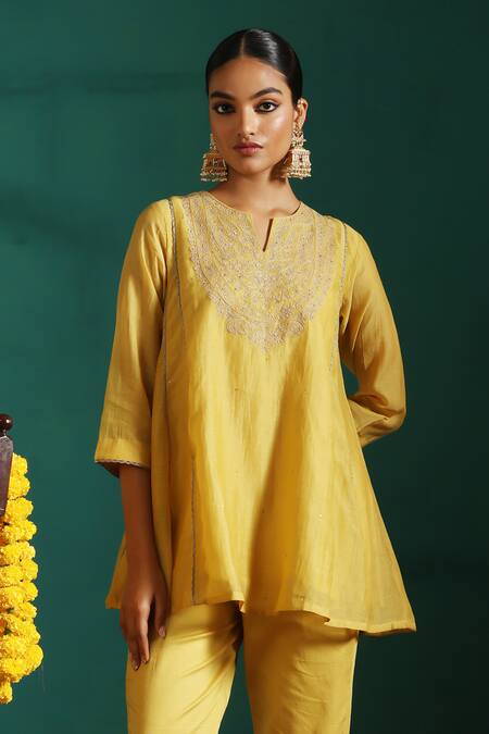 Beige_Yellow Chanderi, Cotton Satin Sequins, Zari Split Embroidered Tunic And Pant Set _at_Aza_Fashions