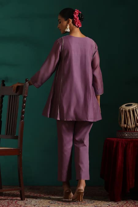 Beige Floral Embroidered Tunic & Pant Set 