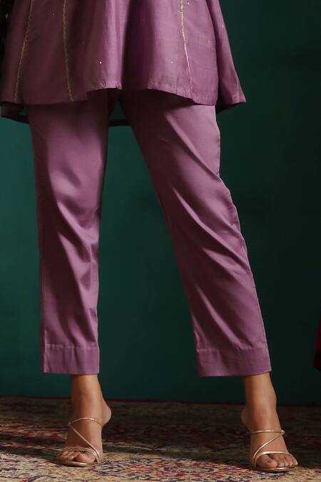 Beige Purple Chanderi, Cotton Satin Zari Split Floral Embroidered Tunic And Pant Set Online at Aza Fashions Beige_Purple Chanderi, Cotton Satin Zari Split Floral Embroidered Tunic And Pant Set _Online_at_Aza_Fashions