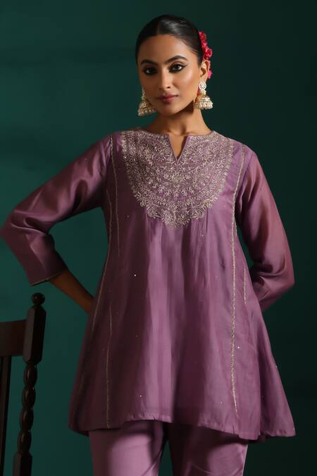 Buy_Beige_Purple Chanderi, Cotton Satin Zari Split Floral Embroidered Tunic And Pant Set _Online_at_Aza_Fashions