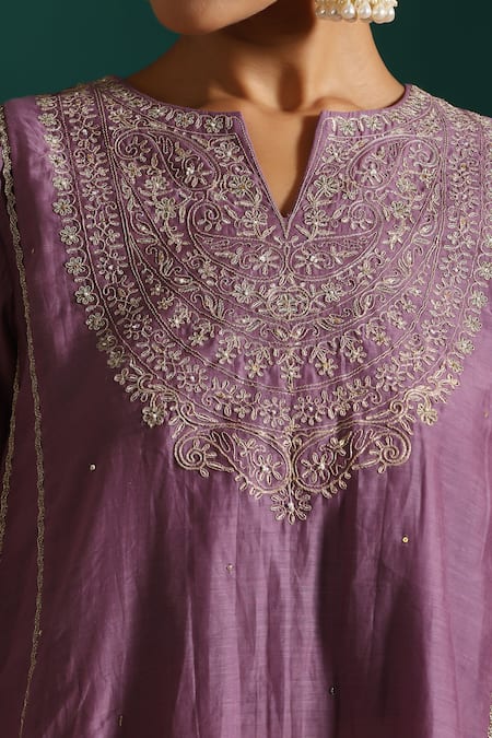 Shop_Beige_Purple Chanderi, Cotton Satin Zari Split Floral Embroidered Tunic And Pant Set _Online_at_Aza_Fashions