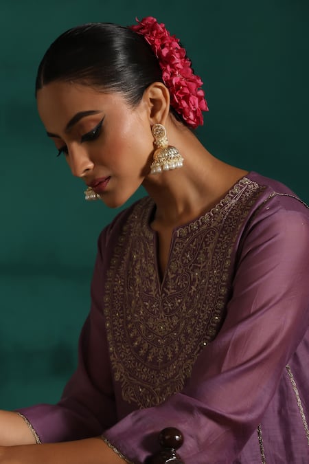Beige_Purple Chanderi, Cotton Satin Zari Split Floral Embroidered Tunic And Pant Set _at_Aza_Fashions