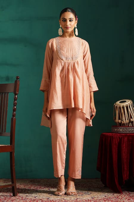 Beige Pink Embroidered Tunic & Pant Set 