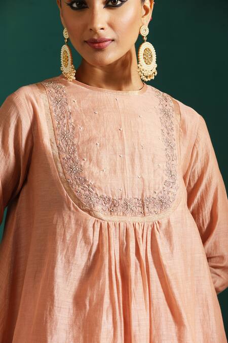 Beige_Pink Chanderi, Cotton Satin Sequins, Embroidery Round Neck Tunic And Pant Set _Online_at_Aza_Fashions