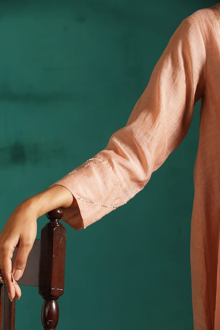 Buy_Beige_Pink Chanderi, Cotton Satin Sequins, Embroidery Round Neck Tunic And Pant Set _Online_at_Aza_Fashions