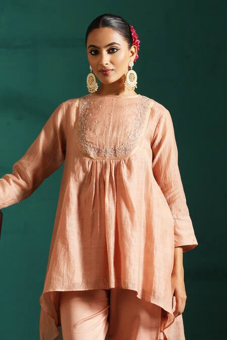 Beige_Pink Chanderi, Cotton Satin Sequins, Embroidery Round Neck Tunic And Pant Set _at_Aza_Fashions