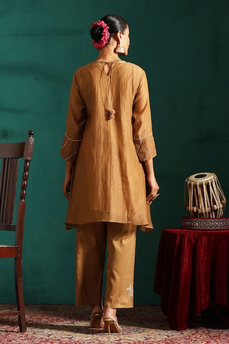 Beige Floral Embroidered Tunic & Pant Co-ord Set 