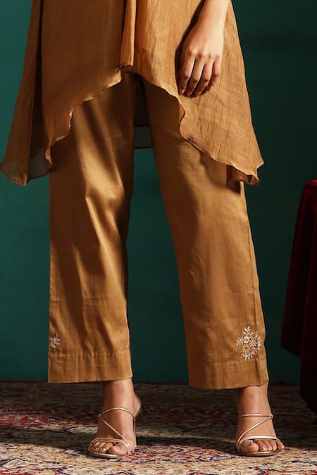 Beige_Brown Chanderi, Cotton Satin Sequins, Embroidery Floral Tunic And Pant Co-ord Set _Online_at_Aza_Fashions