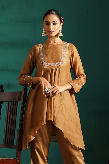 Buy_Beige_Brown Chanderi, Cotton Satin Sequins, Embroidery Floral Tunic And Pant Co-ord Set _Online_at_Aza_Fashions