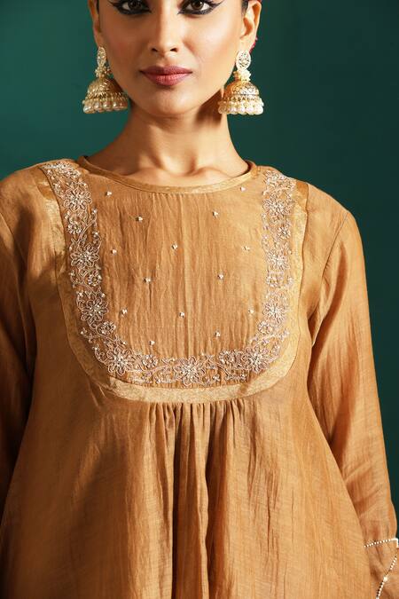 Shop_Beige_Brown Chanderi, Cotton Satin Sequins, Embroidery Floral Tunic And Pant Co-ord Set _Online_at_Aza_Fashions