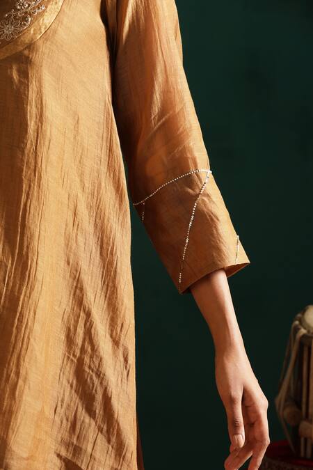 Beige_Brown Chanderi, Cotton Satin Sequins, Embroidery Floral Tunic And Pant Co-ord Set _at_Aza_Fashions