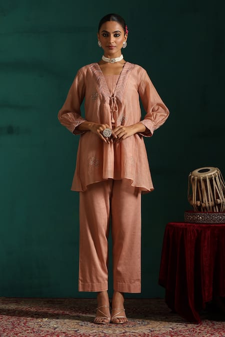 Beige Pink Top Mul Chanderi Embroidered Motis Blunt V Deedar Tunic And Pant Co-ord Set 